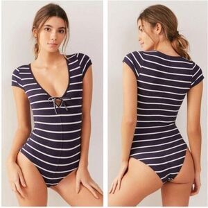 Out from Under Urban Outfitters Navy and White Striped Knit Bodysuit Size Small